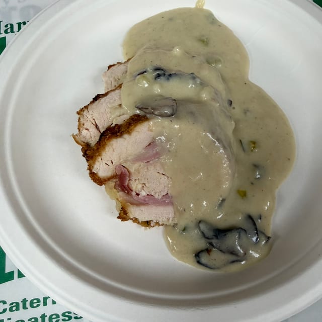 Chicken Cordon Blue Roll-up With Mushrooms Gravy.