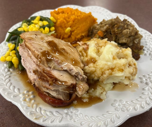 Fresh Turkey, Stuffing, Mashed Potatoes, Gravy & Cranberry Sauce.